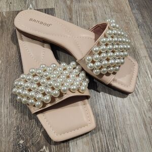 BAMBOO Pearl-Embellished Slide Mules in Blush Sz 9 Nwt